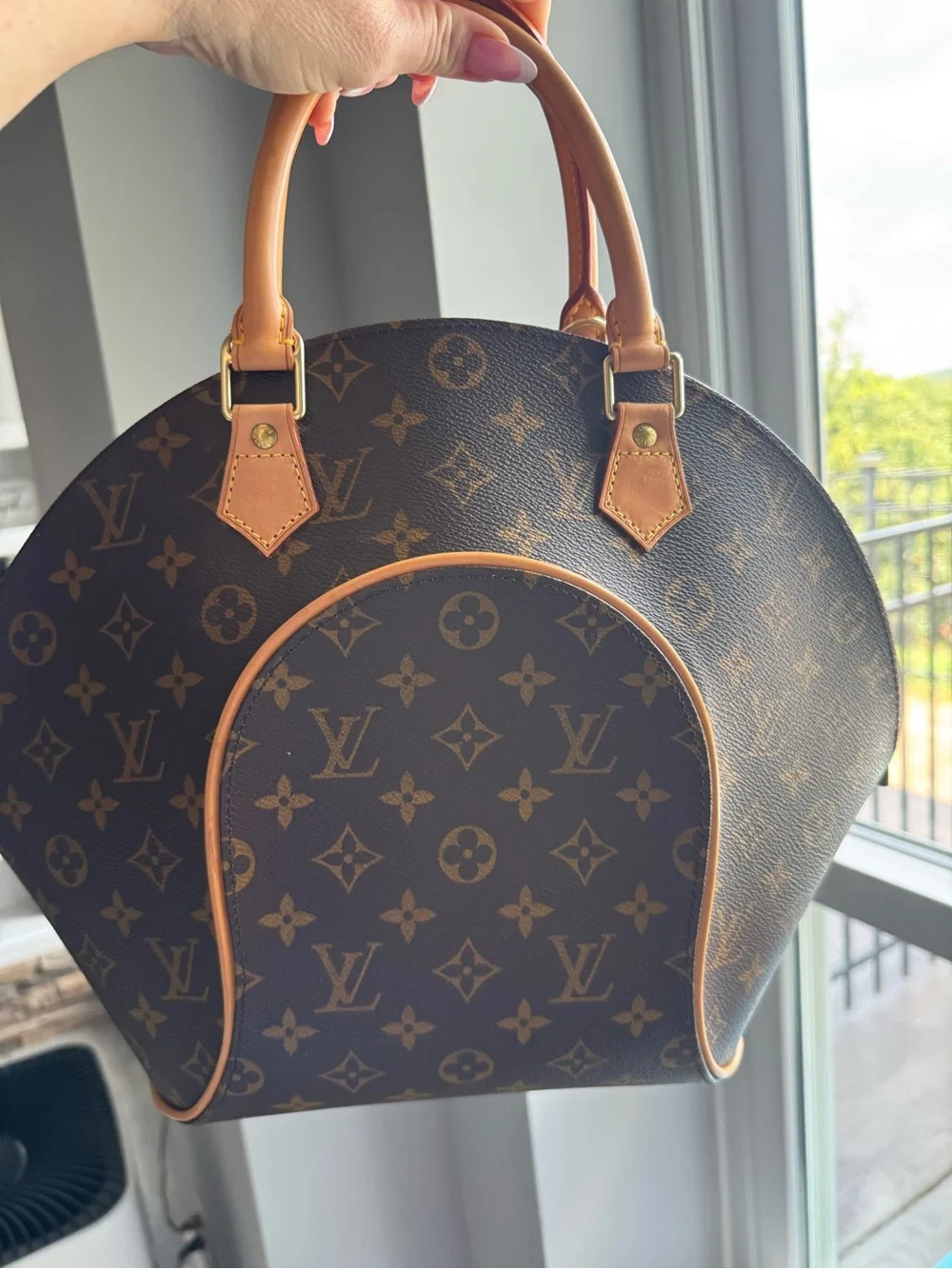 Louis Vuitton Brown Monogram Ellipse Handbag with Tan Trim